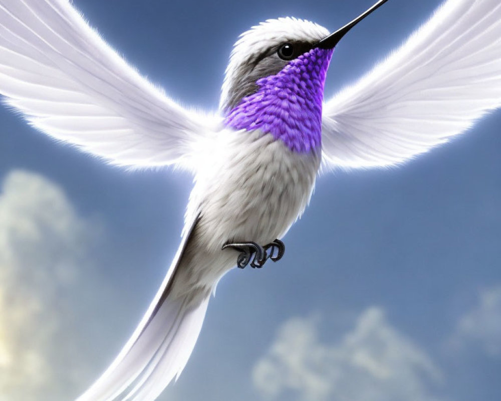 White and Purple Hummingbird Hovering in Mid-Air against Cloudy Blue Sky