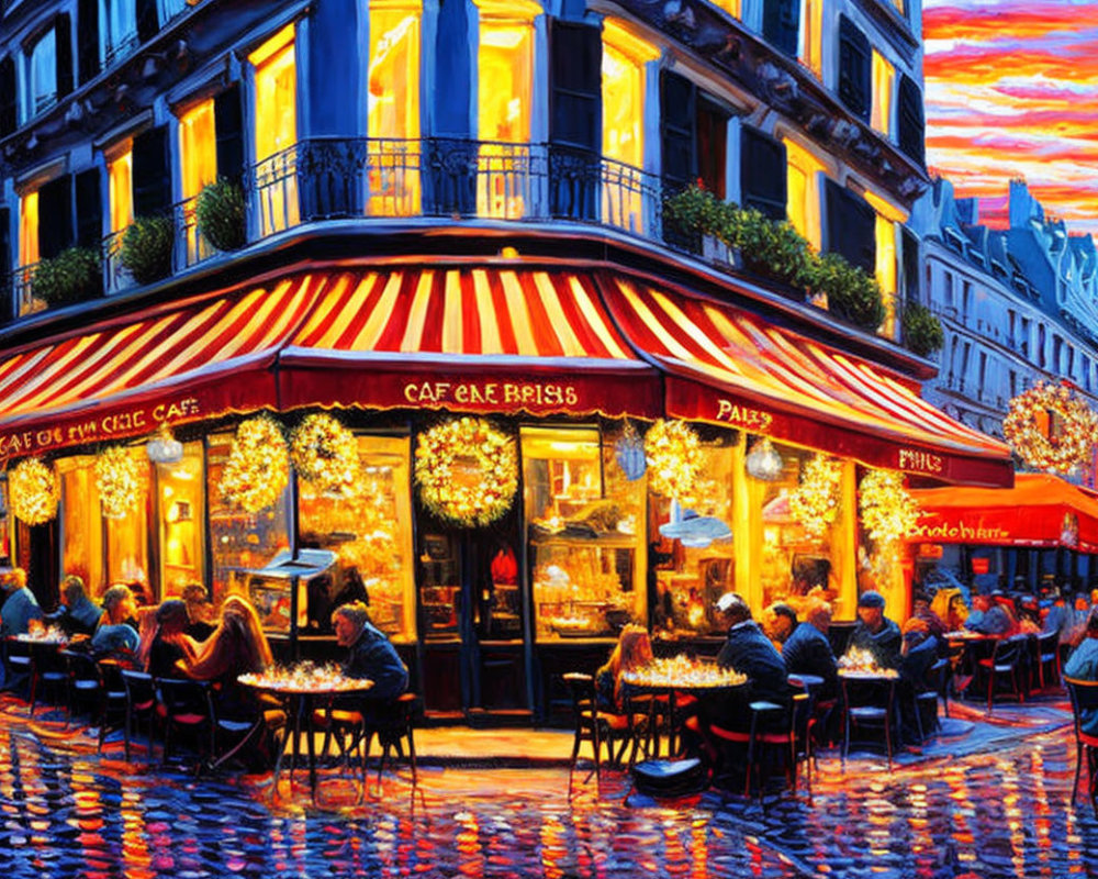 Twilight Parisian Street Café with Outdoor Dining and Colorful Sky