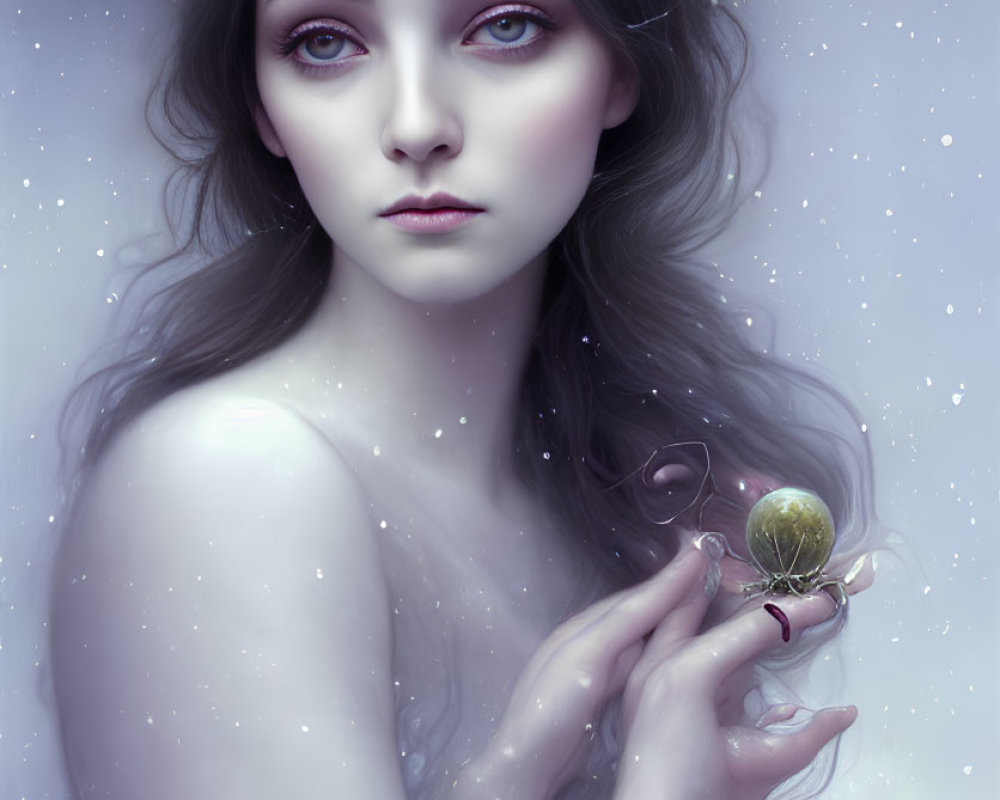 Mystical portrait of woman with snowflakes, green object, and wintry ambiance