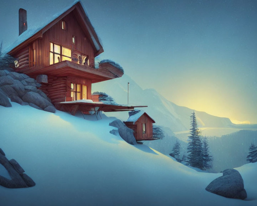 Snowy Hillside Wooden Cabin at Twilight with Warm Glowing Windows