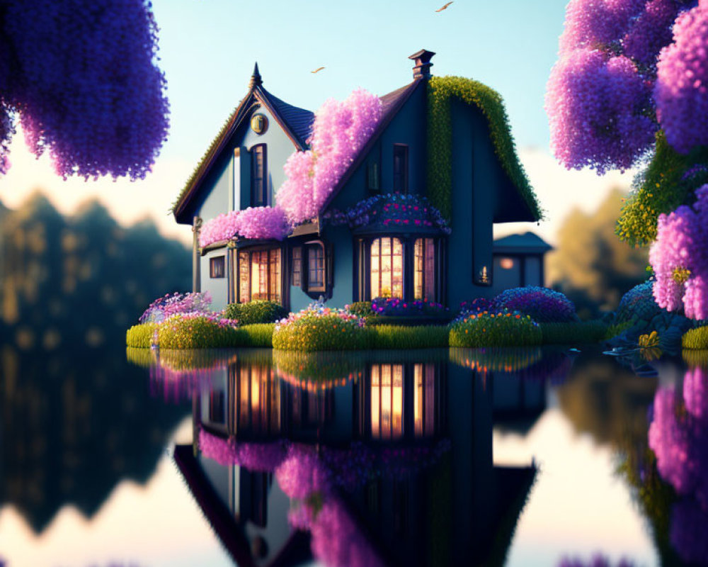 Tranquil dusk scene: green-roofed house, purple flowers, mirrored water