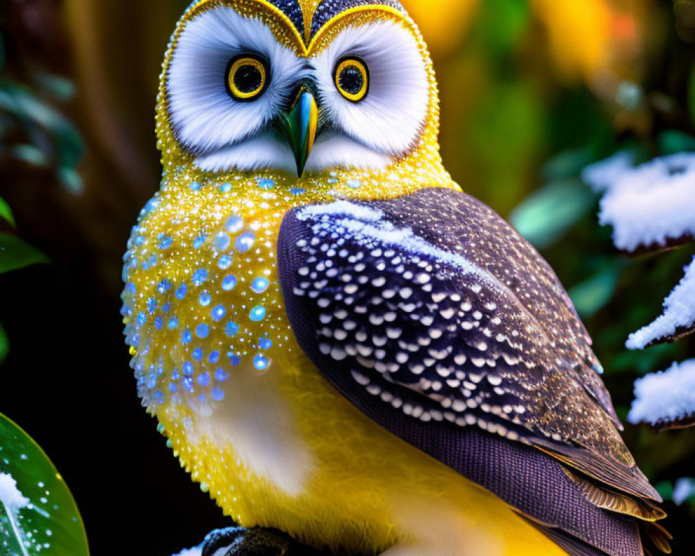 Colorful Stylized Owl Perched on Snowy Branch