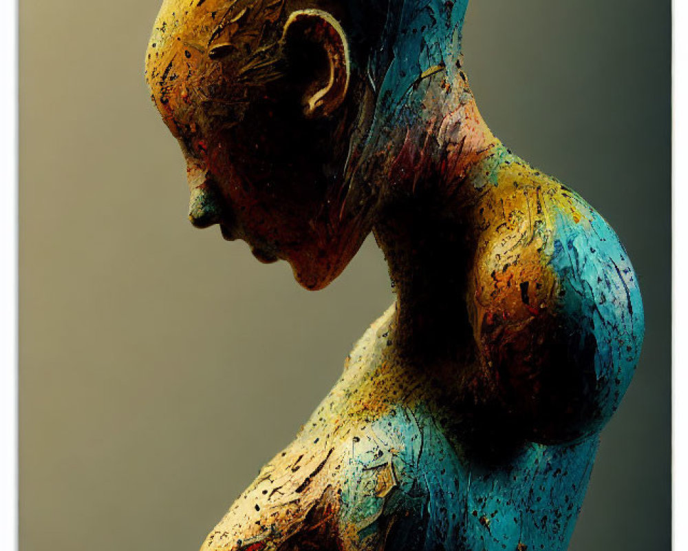 Textured humanoid sculpture in blue and orange hues on gradient backdrop