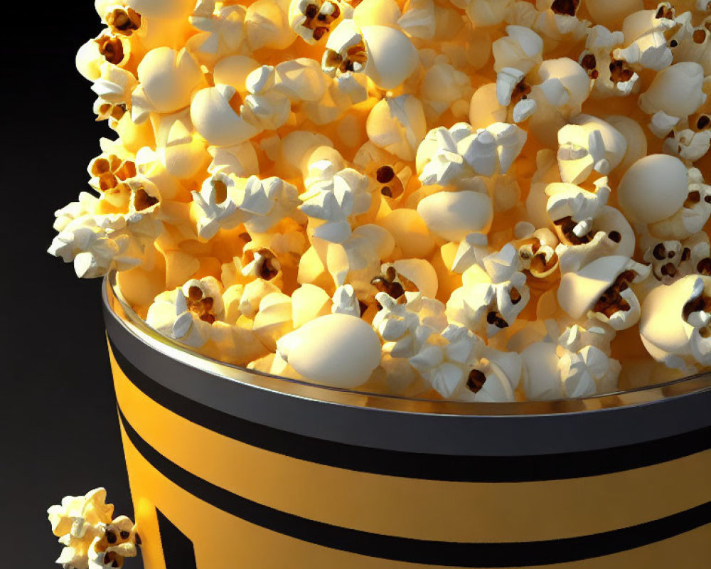 Detailed Close-Up of Overflowing Yellow and Black-Striped Popcorn Tub