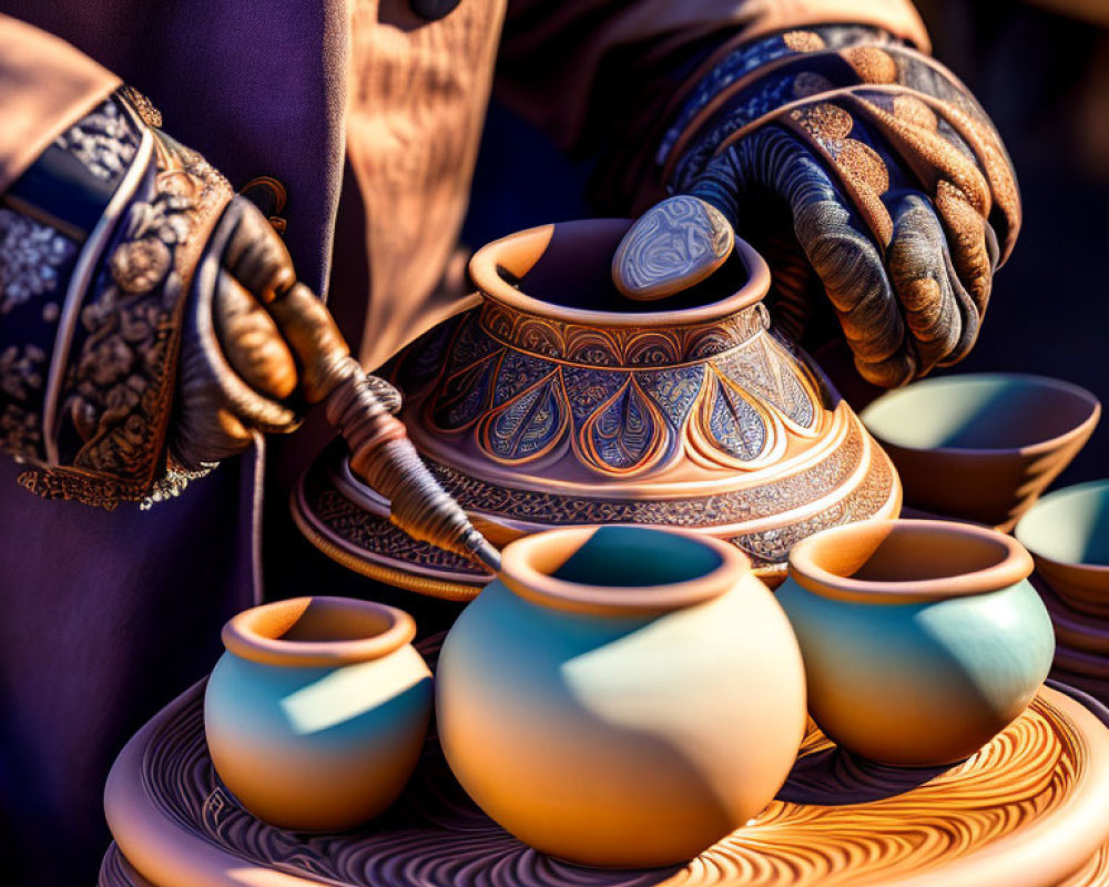 Craftsman arranging patterned ceramic pots and bowls with intricate gloves on wooden surface