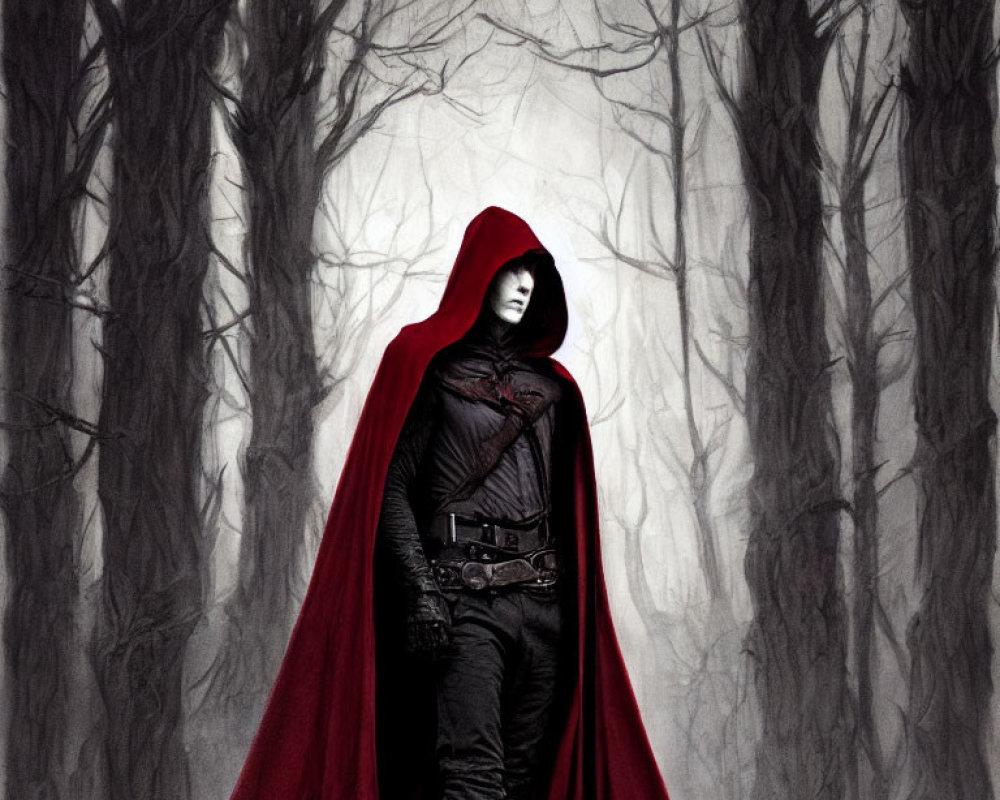 Mysterious figure in red cloak and dark armor in gloomy forest