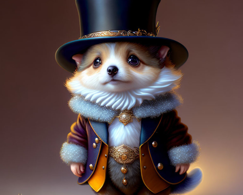 Cute corgi in stylish attire and top hat standing elegantly