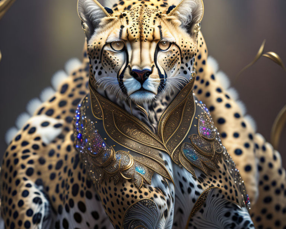 Detailed digital art: majestic cheetah with golden patterns and jewels on fur
