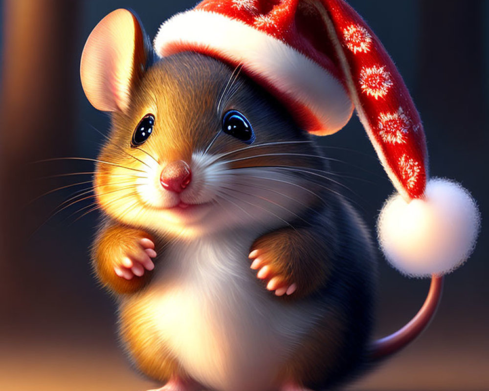 Smiling cartoon mouse in red Santa hat on warm background