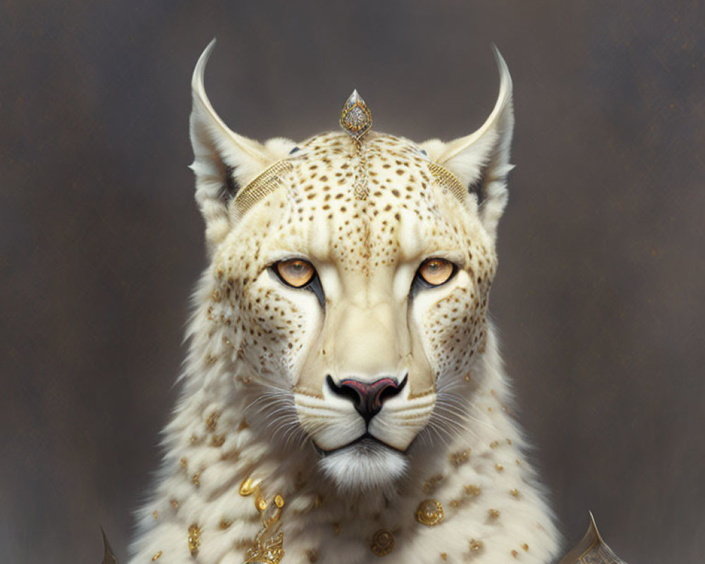 Regal anthropomorphic cheetah with elegant golden jewelry and gemstone.
