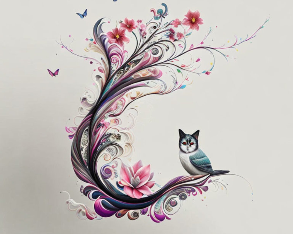 Swirling floral patterns with butterflies and bird on neutral background
