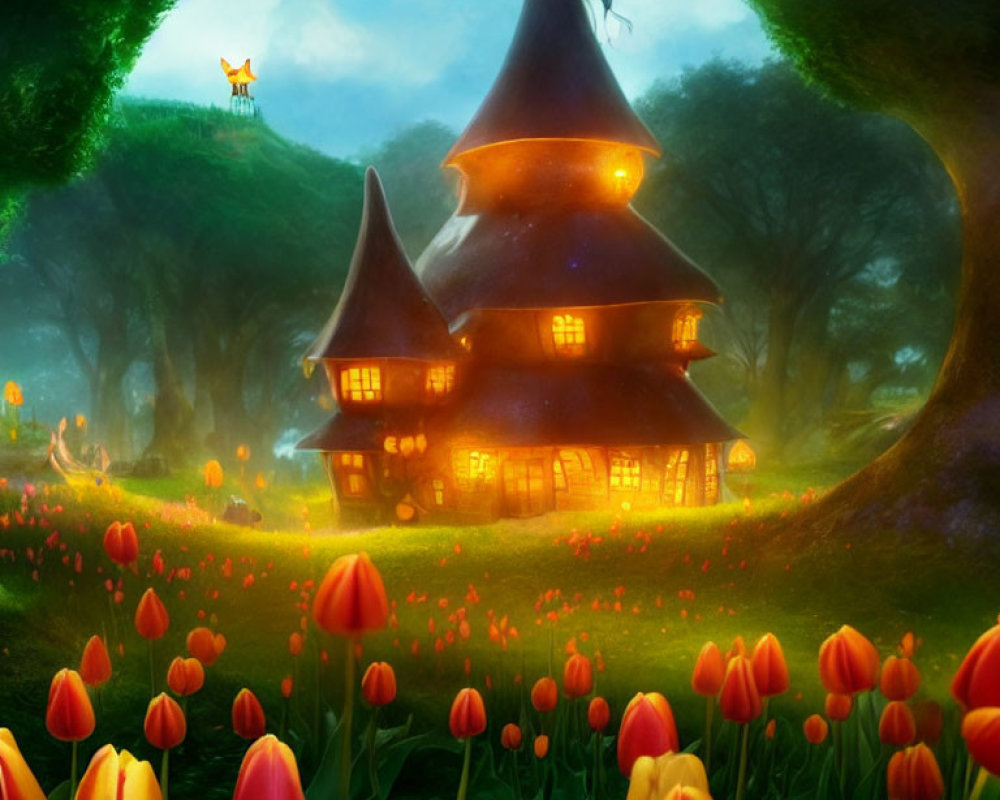 Fairytale cottage with pointy roof in magical forest glade surrounded by tulips