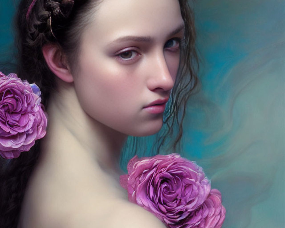 Portrait of Woman with Braided Hair and Purple Roses on Soft Blue Background