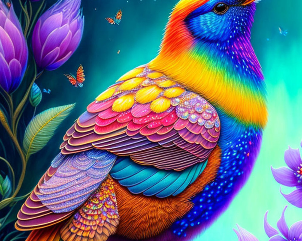 Colorful Bird Among Rainbow Feathers and Purple Flowers in Fantastical Scene