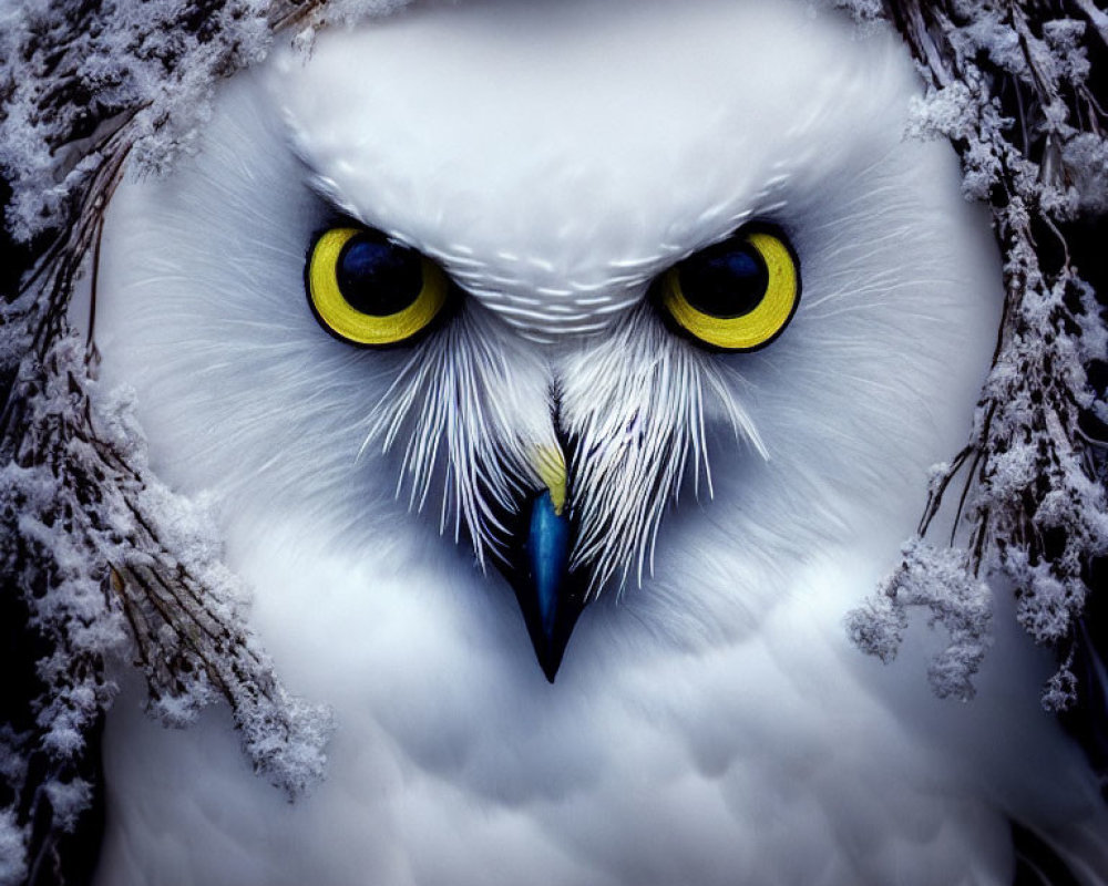 Snowy Owl Close-Up: Piercing Yellow Eyes and Snow-Dusted Feathers