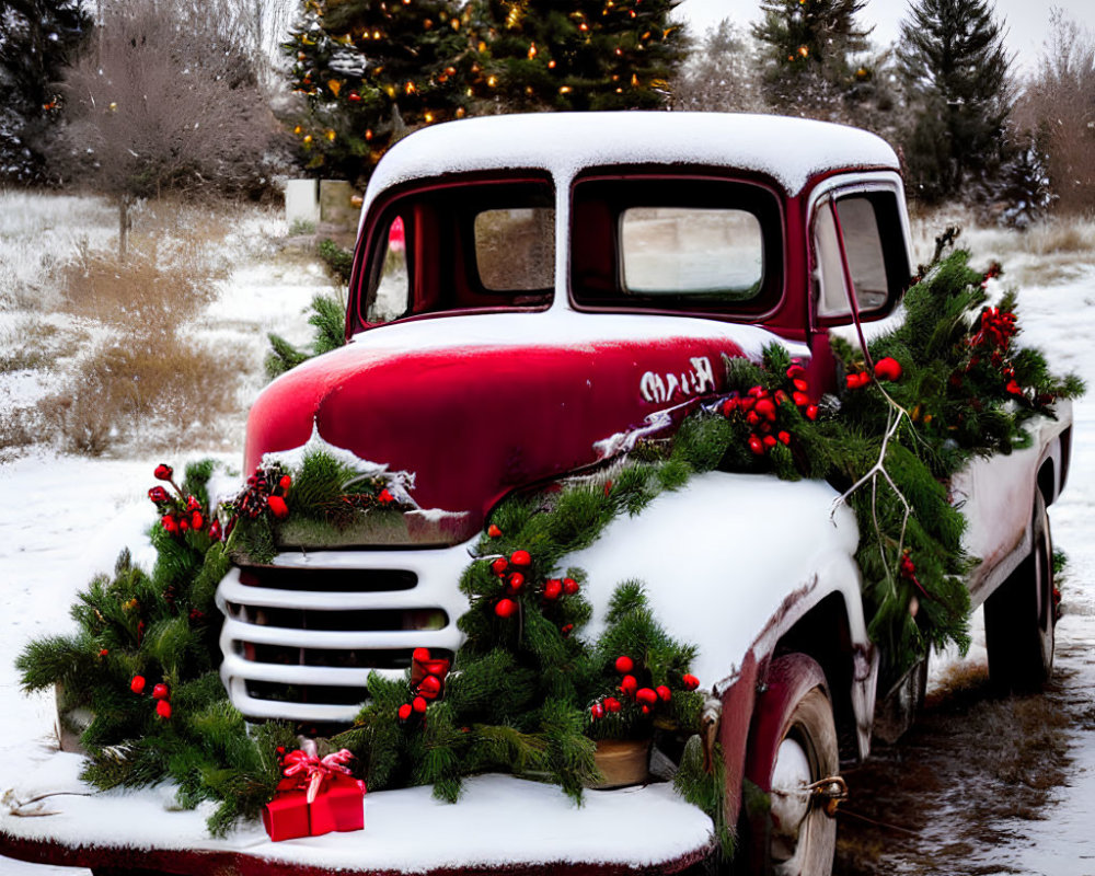 Vintage Red and White Christmas Pickup Truck in Snowy Winter Scene