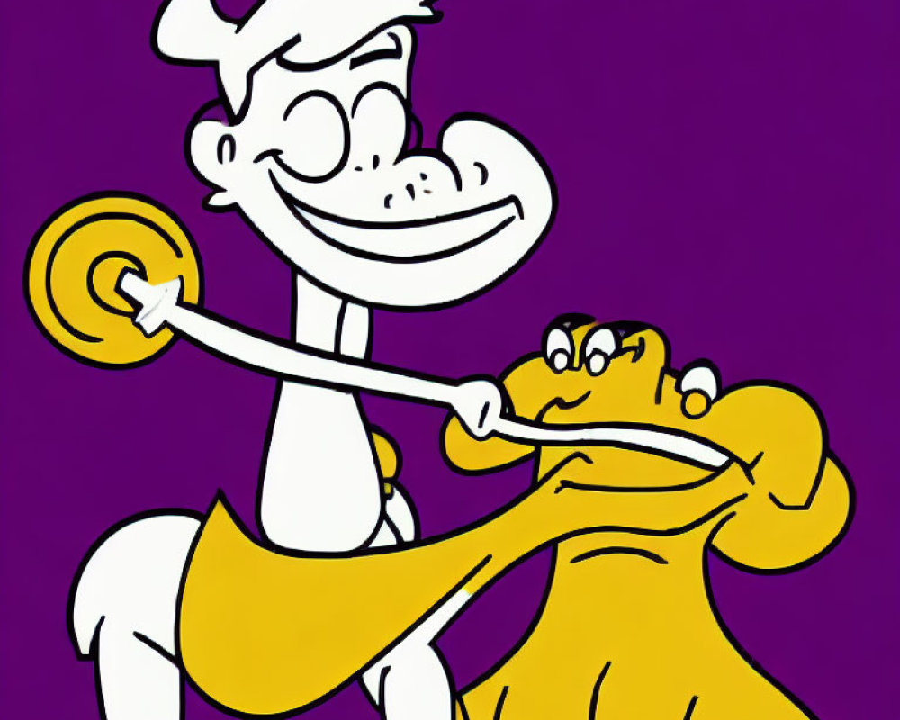 Smiling cartoon man lifting weight with yellow character on purple background