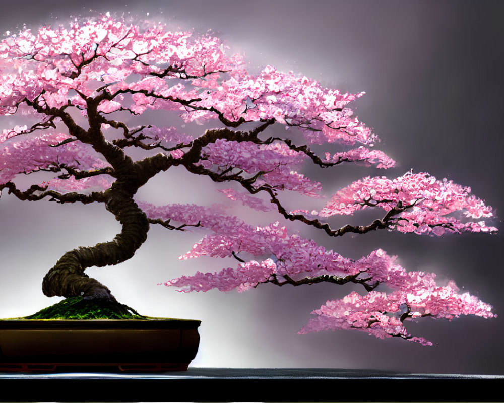 Miniature Bonsai Tree with Pink Cherry Blossoms on Gray Background