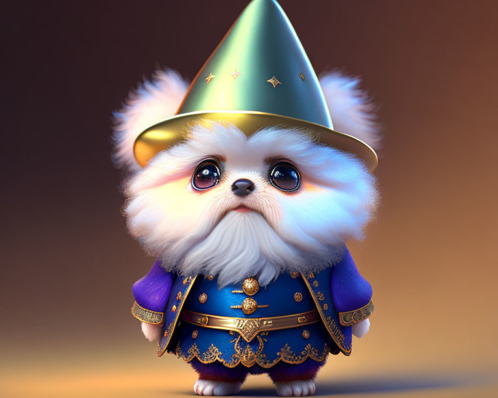 Fluffy white and brown fantasy creature in wizard costume