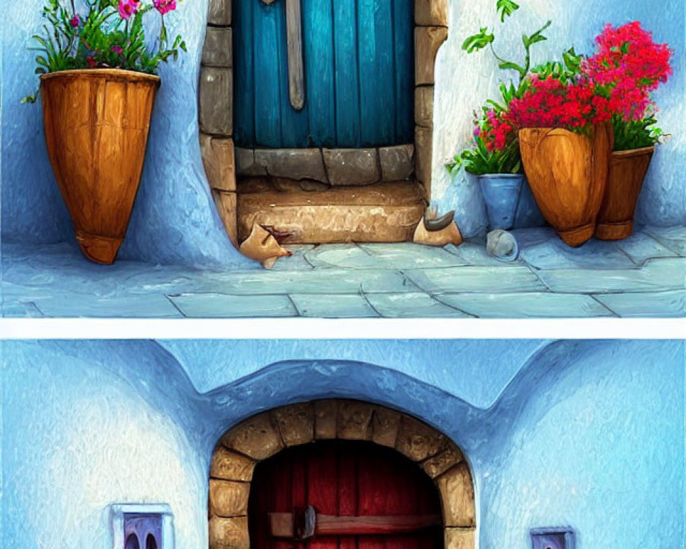 Vibrant blue and red doors in white walls with potted flowers and stone details