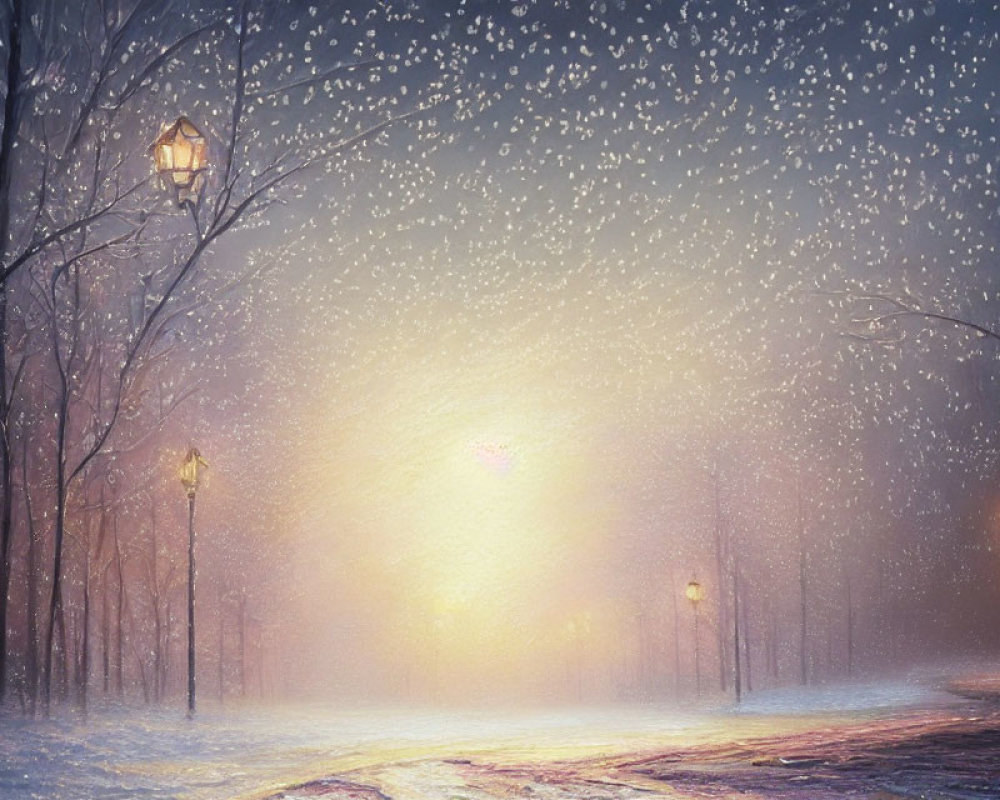 Snowy Winter Path with Warm Street Lamps and Bare Trees