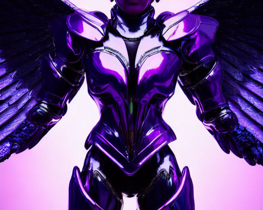 Reflective purple suit with helmet and wings on futuristic figure against purple backdrop