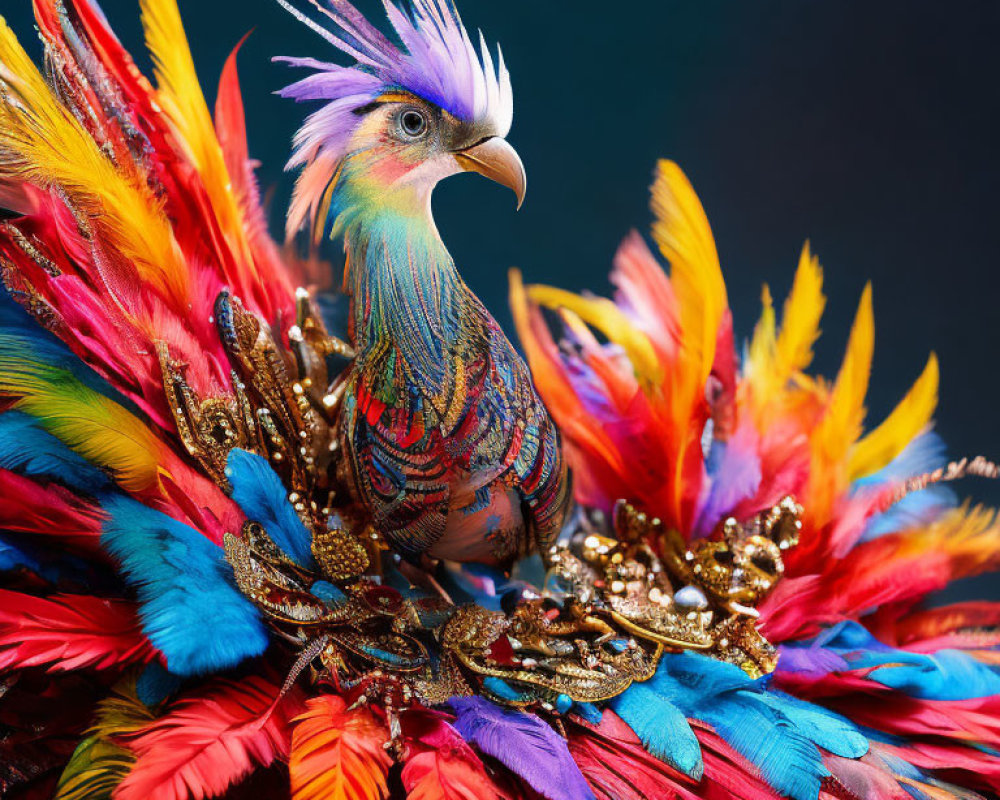 Colorful Pigeon with Rainbow Feathers and Headdress on Dark Background