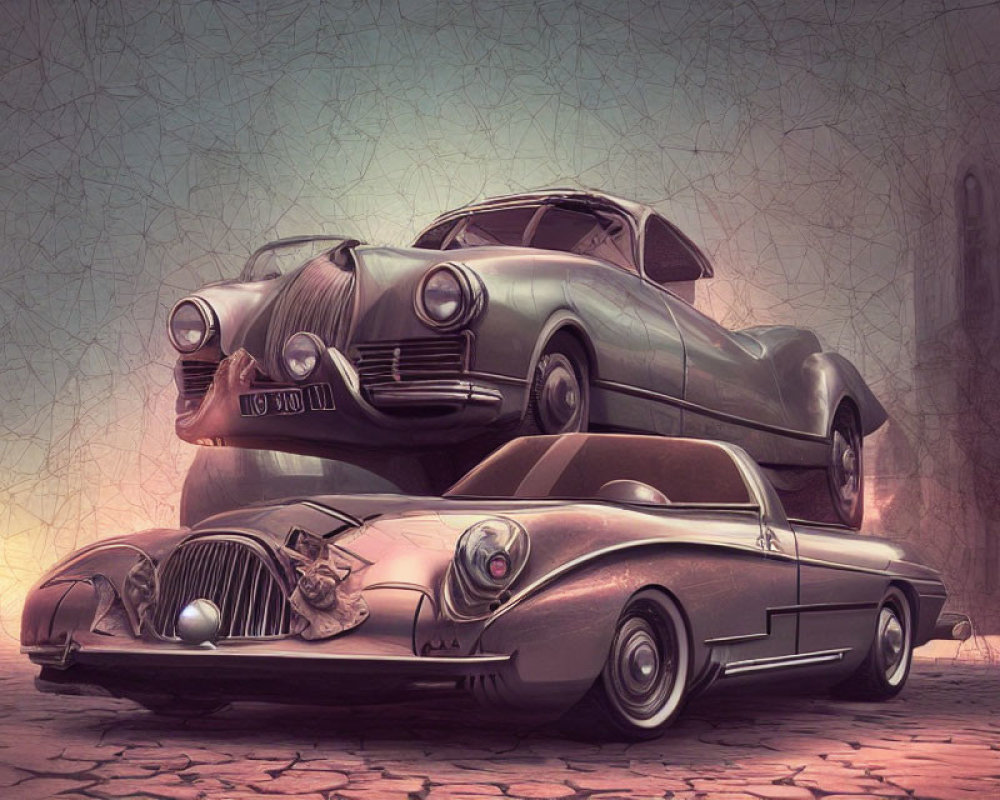 Vintage Cars with Exaggerated Features on Textured Background