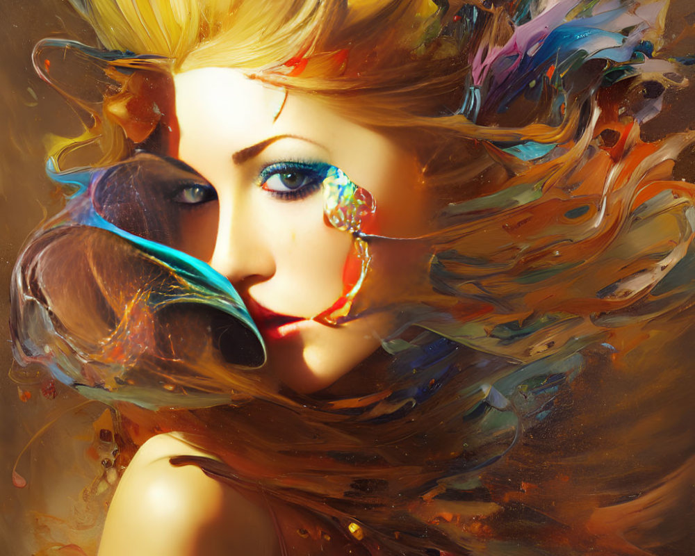 Colorful Abstract Digital Artwork of Woman's Face with Flowing Paint Strokes