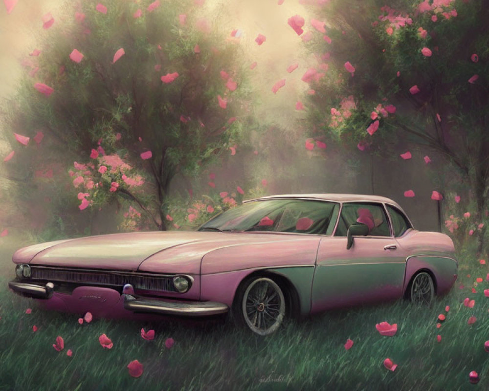 Vintage Pink Car Parked Under Dreamy Pink Blossom Canopy
