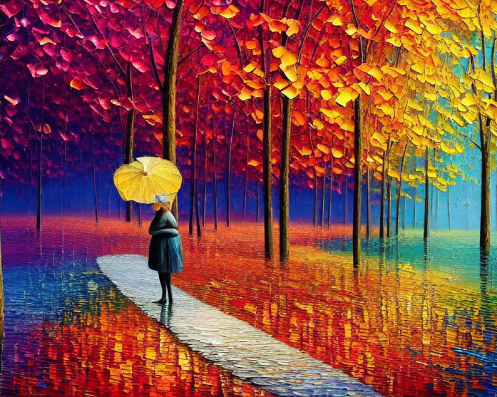 Person with yellow umbrella walking on path among vibrant, multicolored trees in autumn rain.