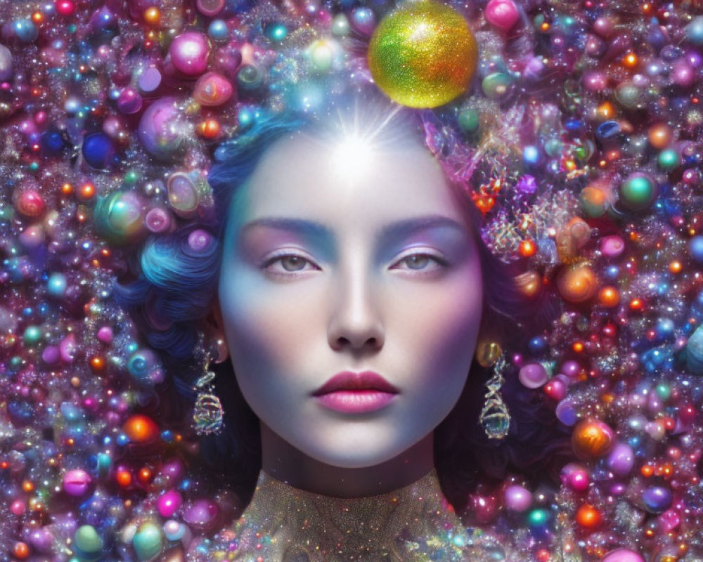 Woman's Head in Colorful Bubble Cosmos with Starry Illumination