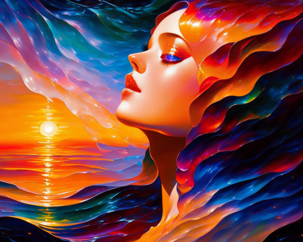 Colorful Woman's Profile Artwork with Fiery Wave Pattern and Sunset Reflection