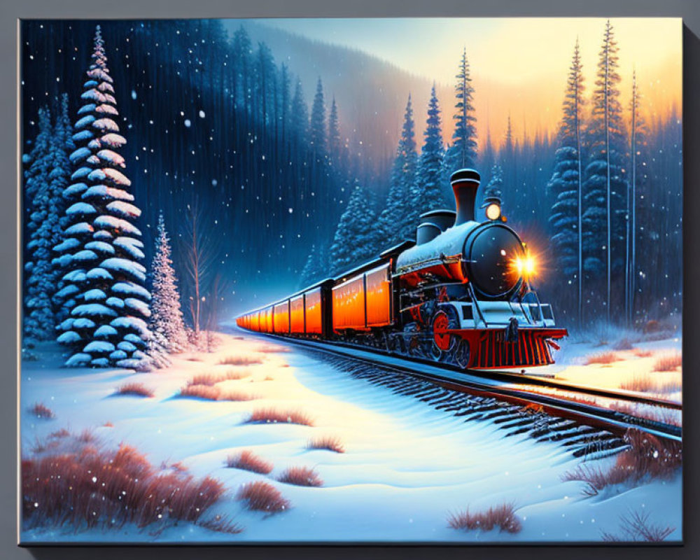 Vintage train in snowy night landscape with blue hues and starlit sky