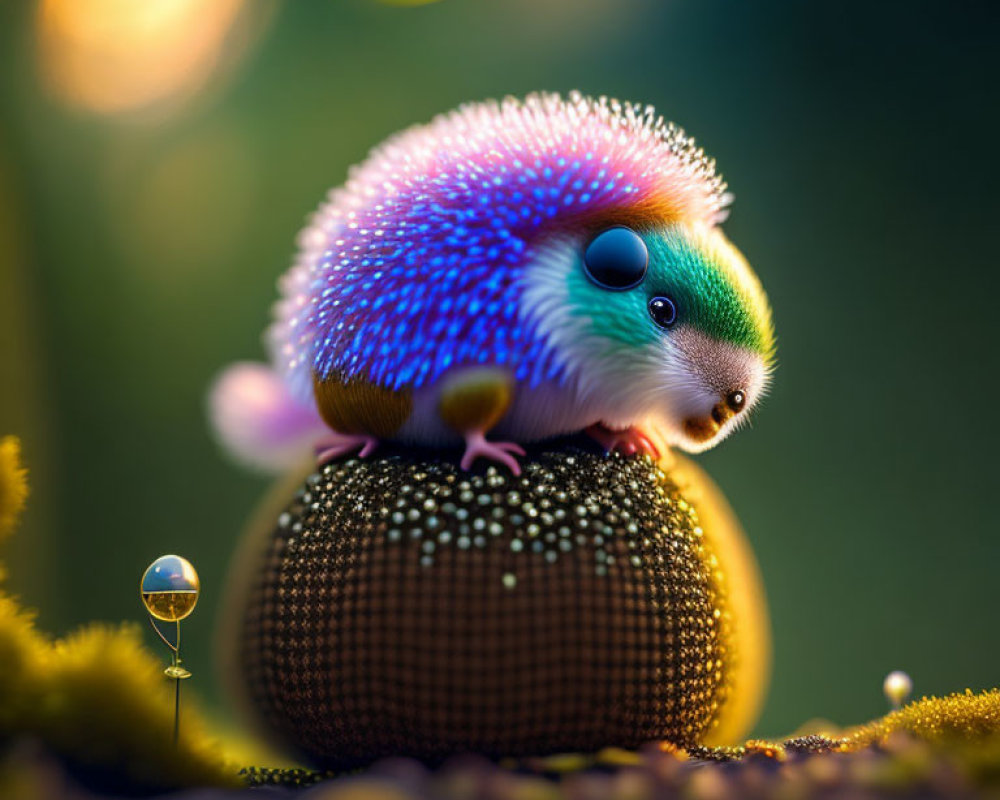 Colorful Hedgehog Resting on Textured Sphere in Sunlit Landscape