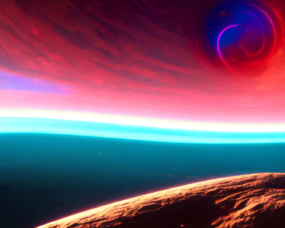 Vibrant sci-fi landscape with red terrain and celestial body under gradient sky.