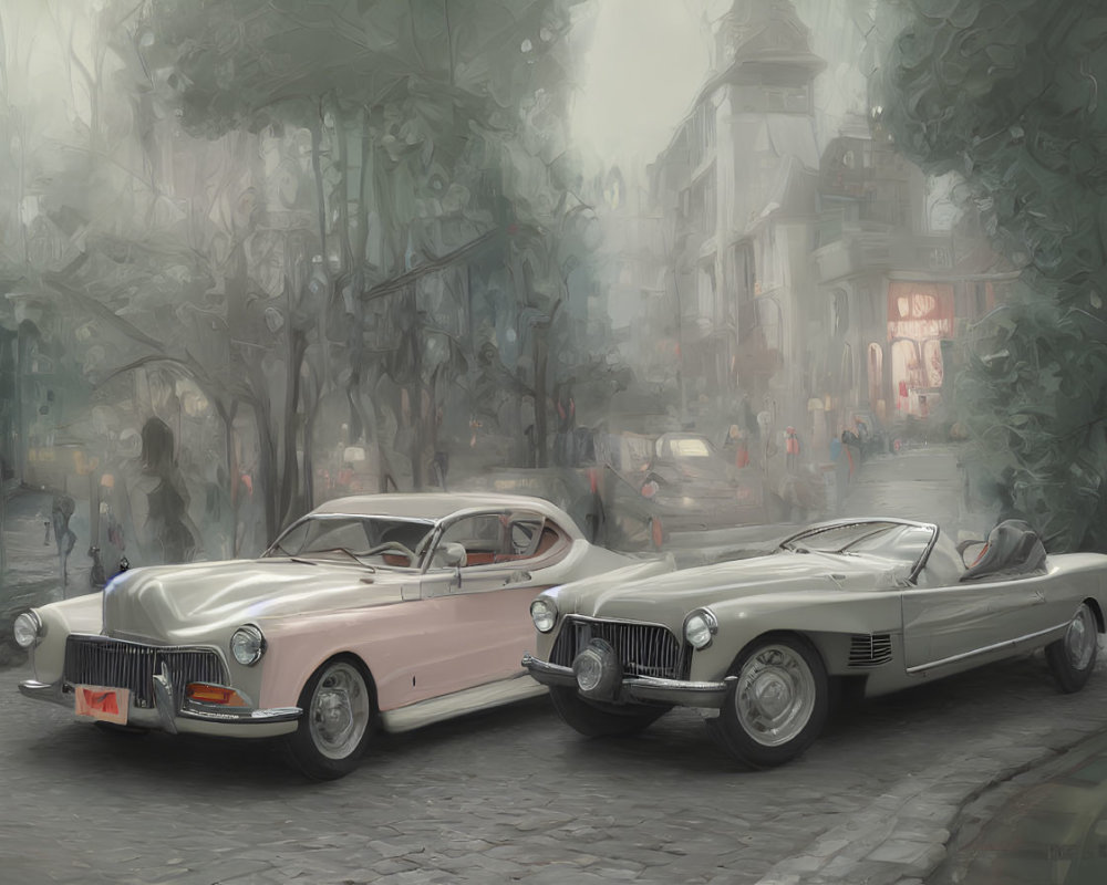 Classic cars on foggy cobblestone street with pedestrians and trees