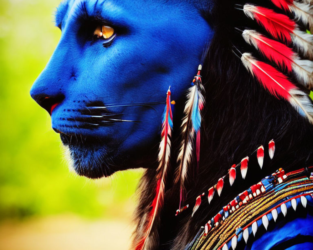Colorful portrayal: Person with blue-painted face & Native American headdress.