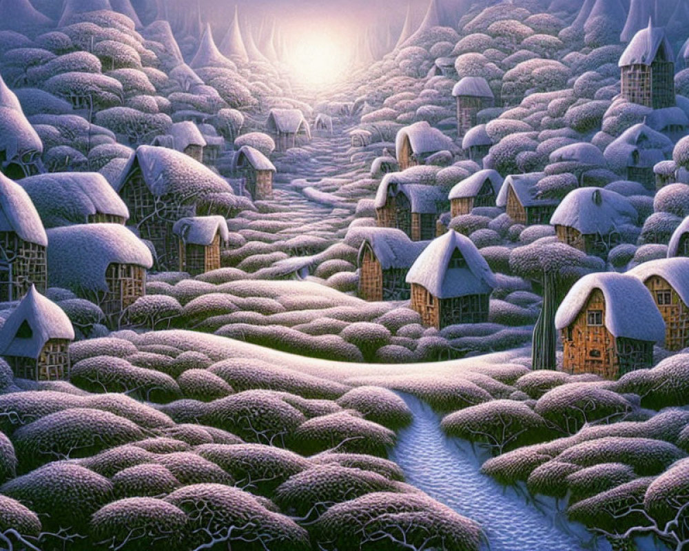 Snow-covered cottages in tranquil winter village scene with frosted trees and glowing sky