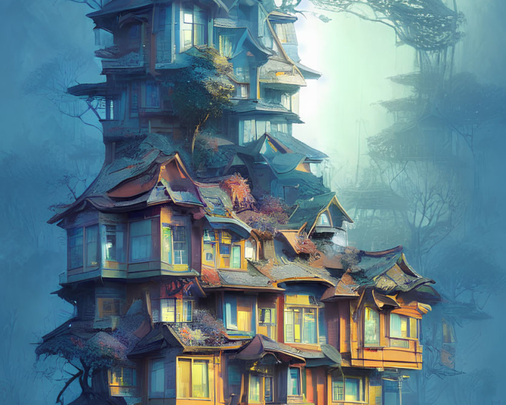 Towering stacked houses in mystical forest with foggy path