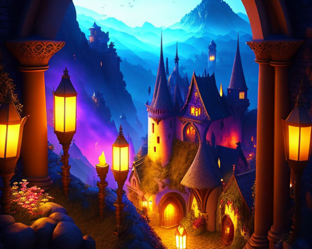 Castle at Twilight with Illuminated Lanterns and Mountain Silhouette Against a Purple Sky