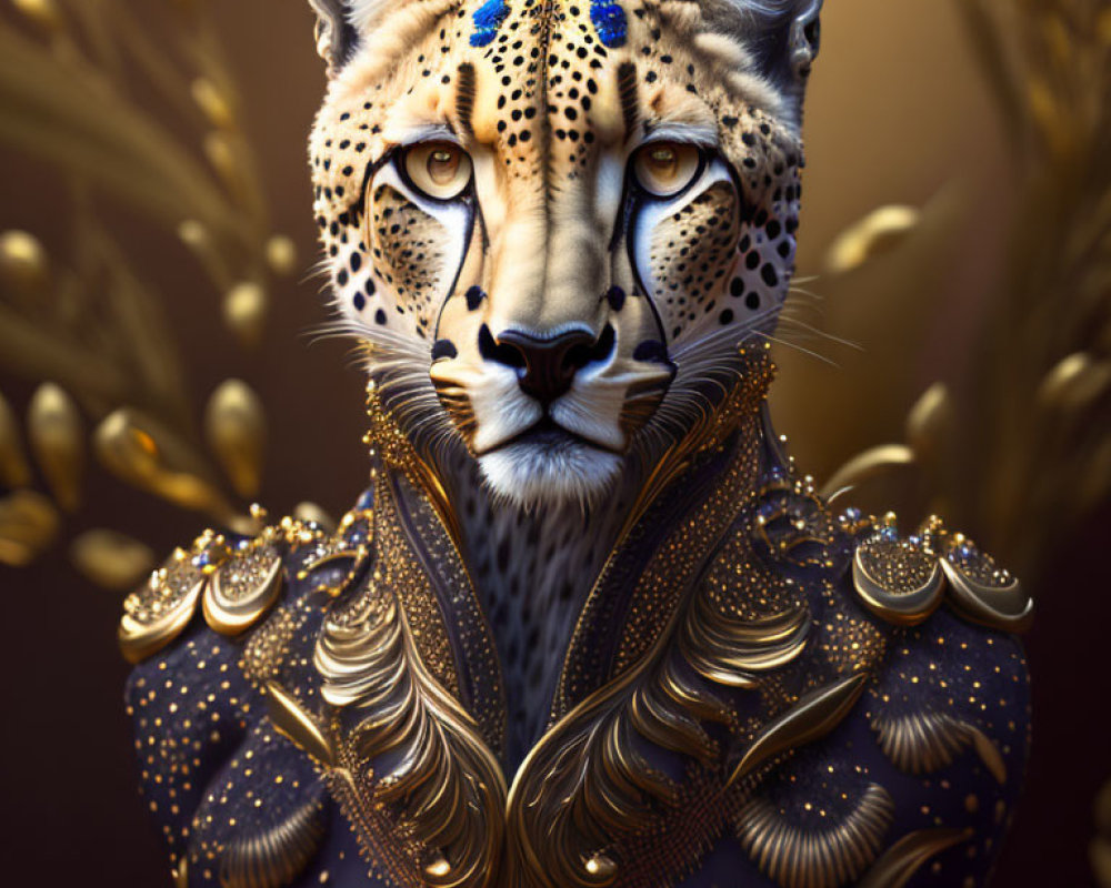 Anthropomorphic cheetah in luxurious golden and navy outfit with blue eyes, surrounded by gilded