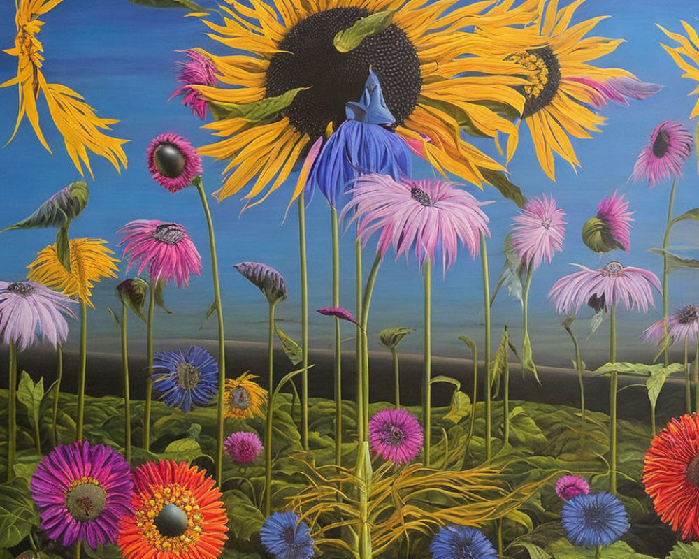 Colorful Flower Painting with Sunflower and Daisies on Blue Sky Gradient