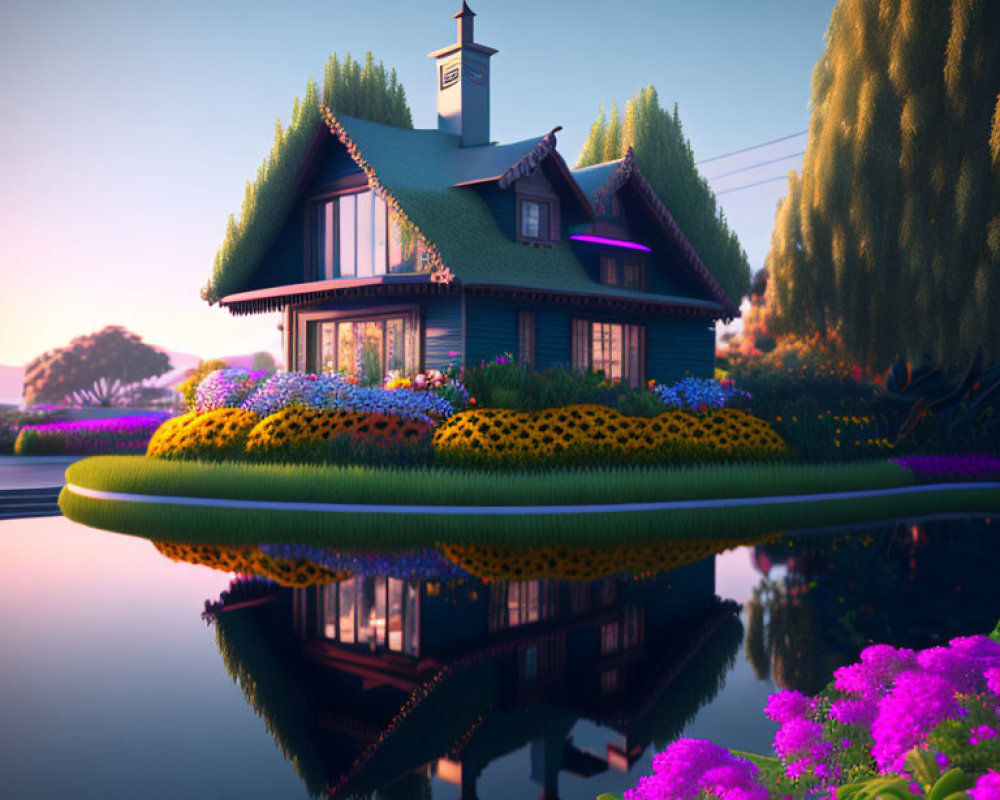 Quaint cottage with green roof by serene pond and colorful flowers