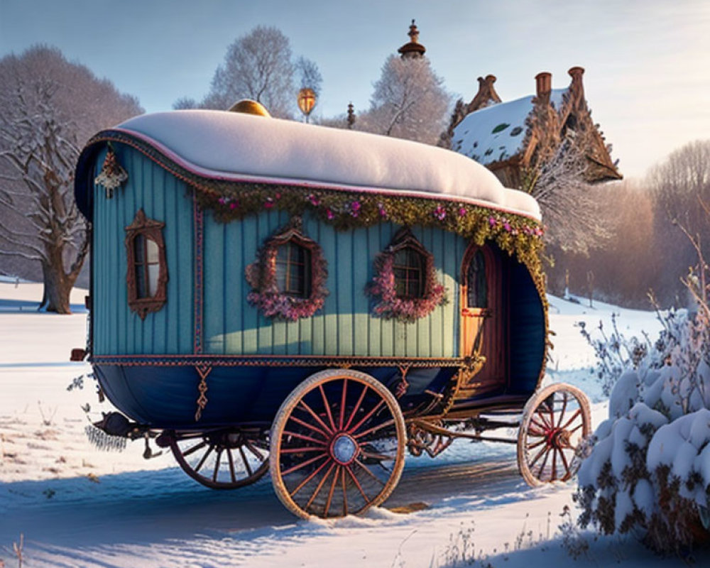 Vintage Blue Caravan with Festive Decorations in Snowy Winter Landscape