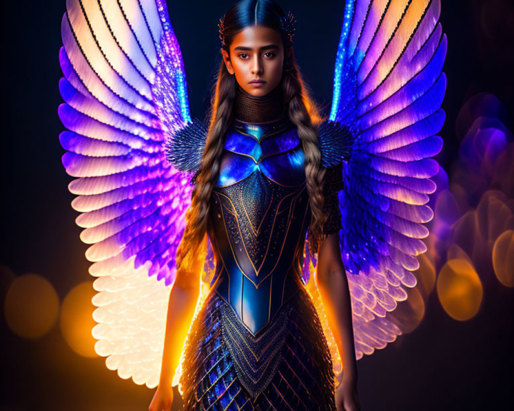 Person with illuminated angel wings in blue futuristic armor against bokeh light background