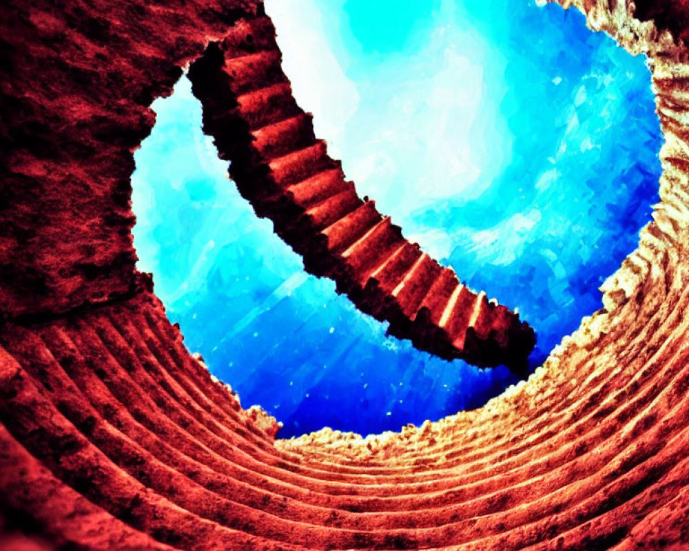 Spiral staircase in warm tones under blue sky