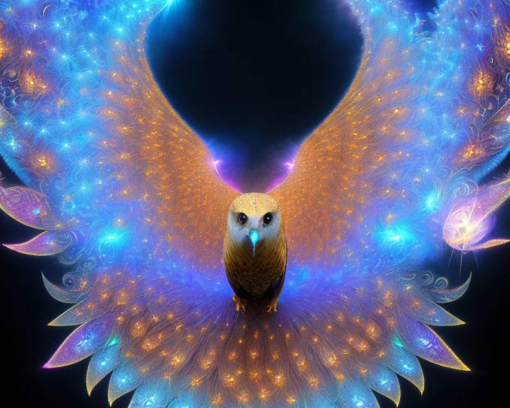 Colorful Owl Digital Artwork with Fractal Wings on Black Background
