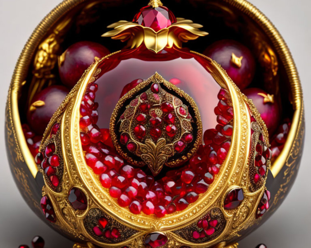 Golden bowl with pomegranate seeds, jewels, and ruby crown