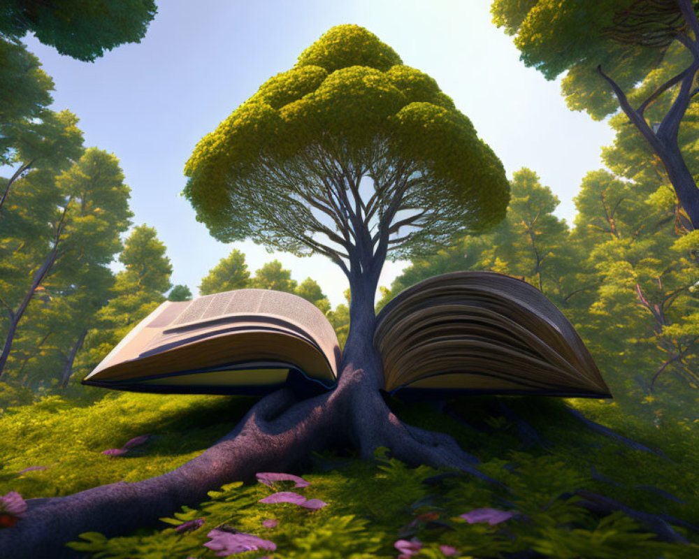 Open book merging into tree in lush forest symbolizes knowledge and nature fusion